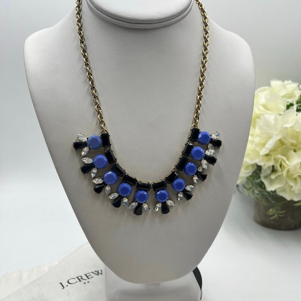 J. Crew Blue Black Clear Rhinestone Gold Tone Collar Necklace New‎